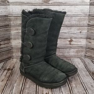 UGG Womens 7 Black Bailey Button Triplet II Winter Tall Boot Leather Sheepskin